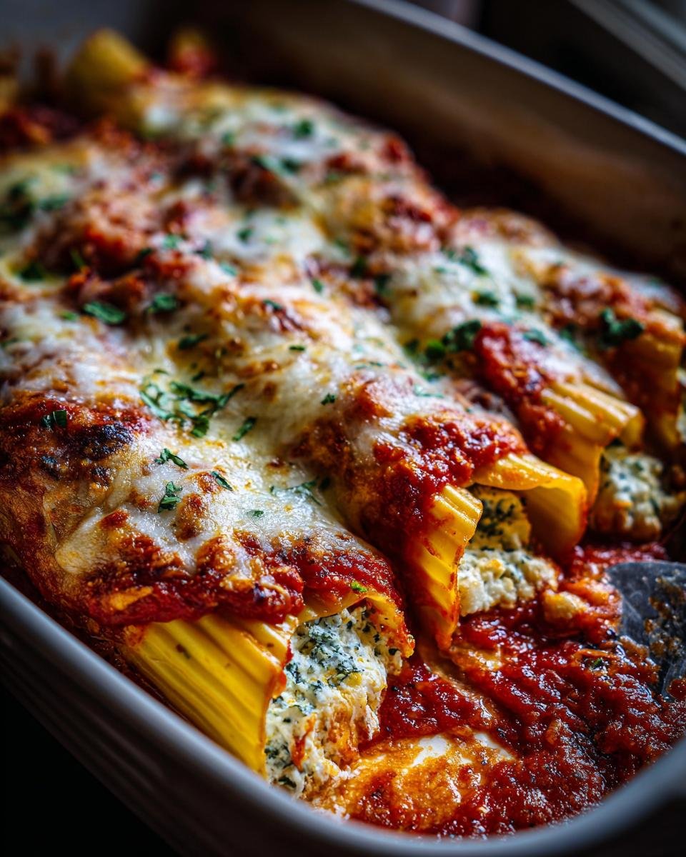 Close-up of baked manicotti recipe tubes stuffed with ricotta and spinach, covered in melted cheese and marinara sauce.