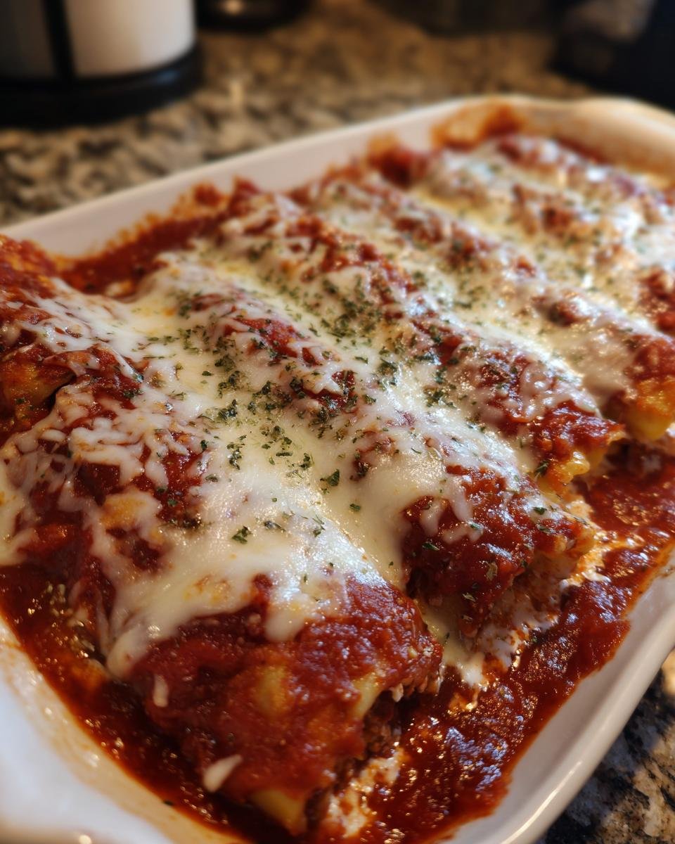 Close-up of baked Manicotti Recipe tubes covered in rich tomato sauce and melted mozzarella cheese, sprinkled with herbs.