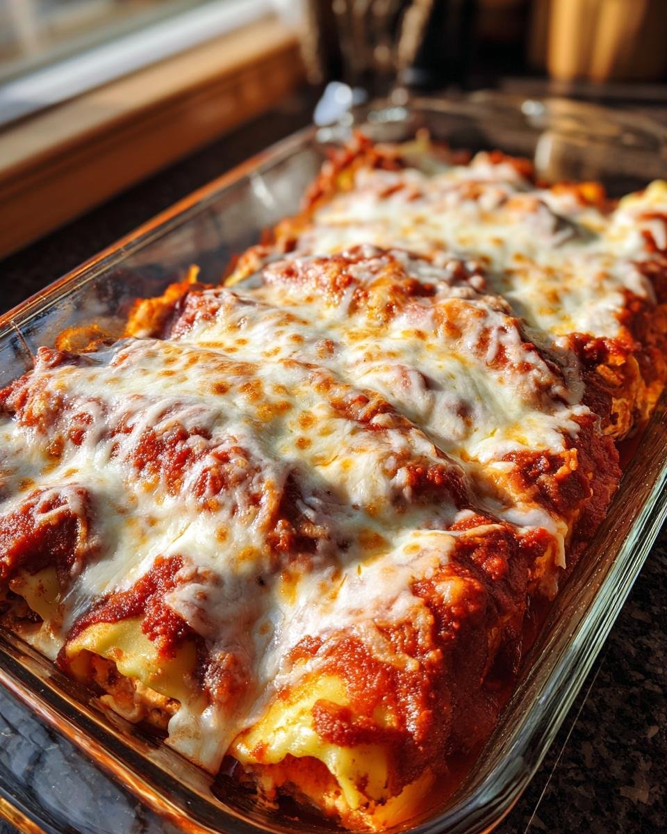 Close-up of baked Manicotti Recipe tubes covered in rich tomato sauce and melted mozzarella cheese in a glass baking dish.