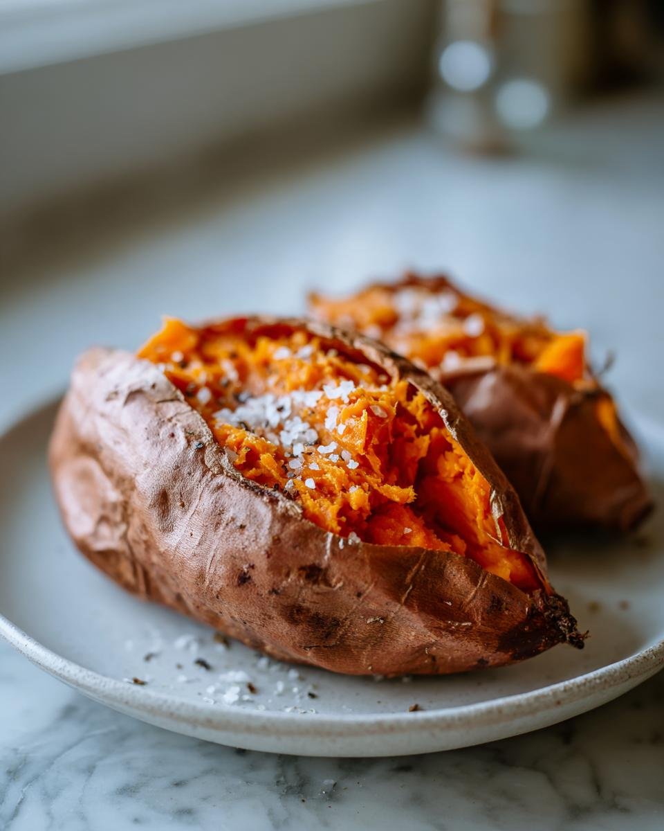 Two baked sweet potatoes split open and topped with flaky sea salt, perfect for Thanksgiving Sweet Potato Recipes.