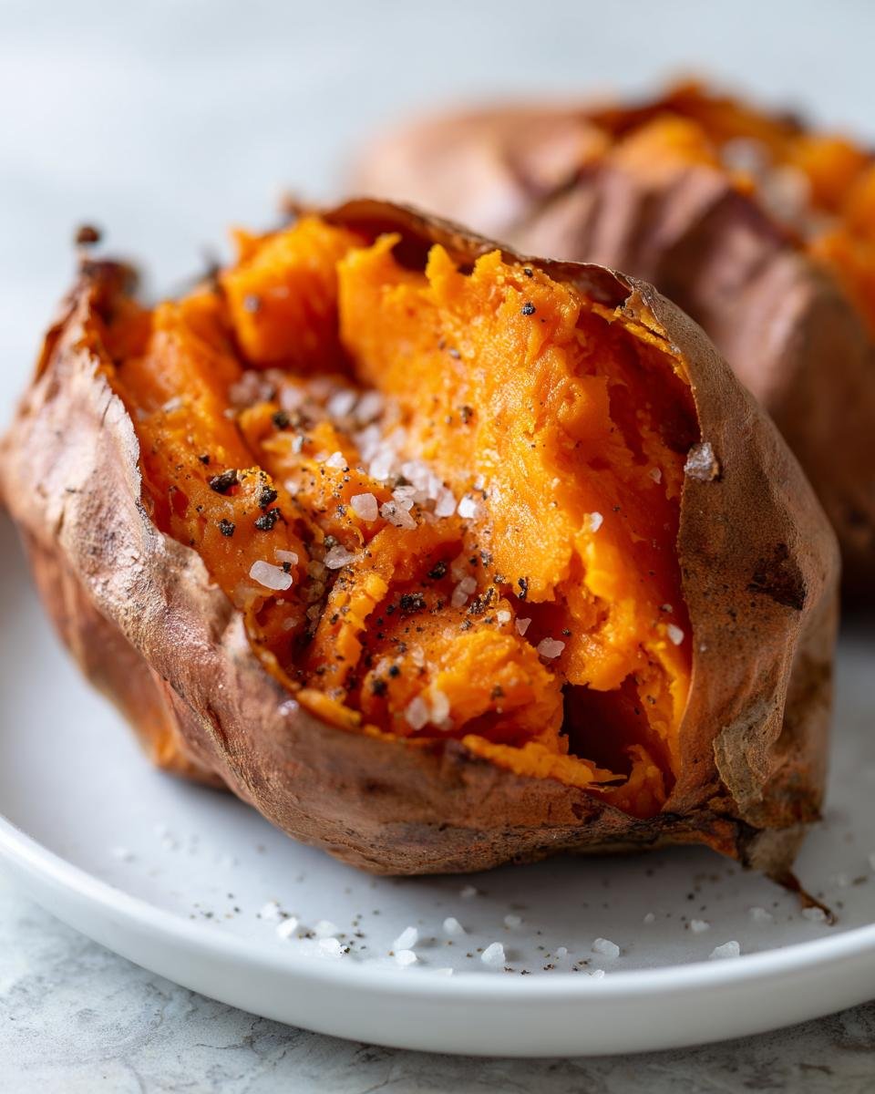 Close-up of a fluffy baked sweet potato, split open and topped with flaky salt and pepper, perfect for Thanksgiving sweet potato recipes.