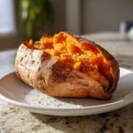 A fluffy baked sweet potato, split open and seasoned with salt and pepper, ready to eat as part of Thanksgiving sweet potato recipes.
