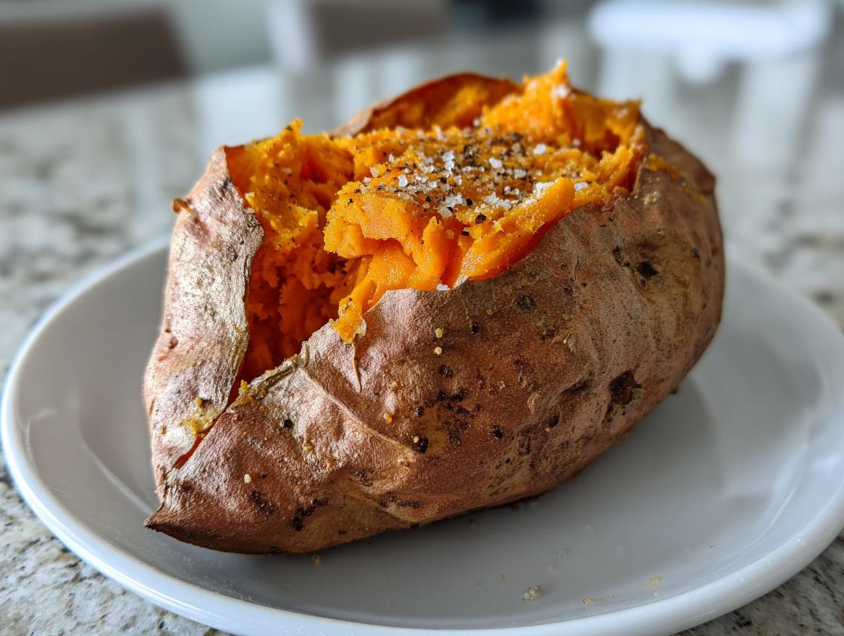 Two baked sweet potatoes, split open and seasoned with salt and pepper, ready for Thanksgiving Sweet Potato Recipes.