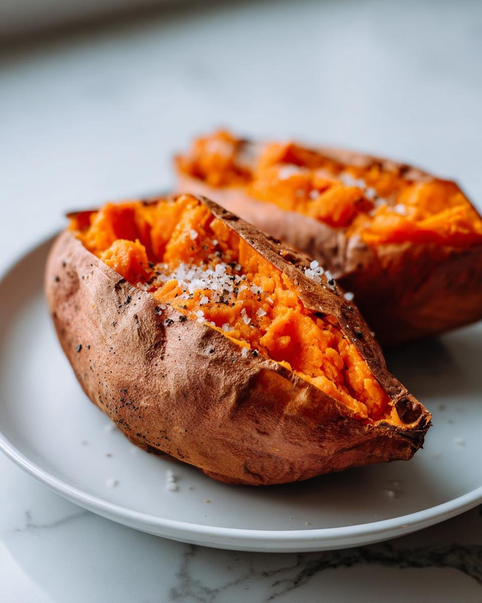 Two baked sweet potatoes, split open and topped with coarse salt and pepper, ready for Thanksgiving.