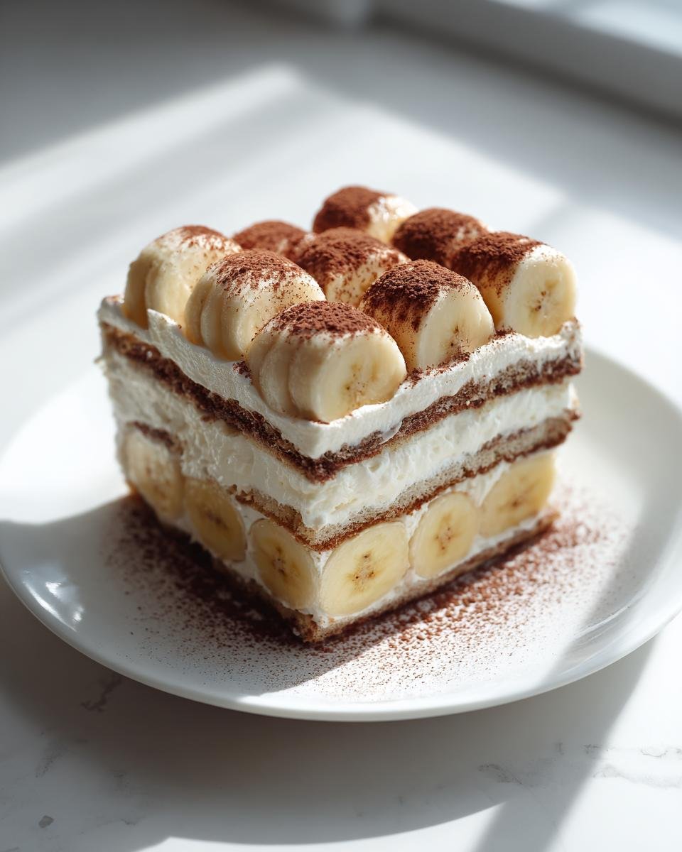 A layered slice of Banana Icebox Cake featuring cream, wafers, and fresh banana slices, dusted with cocoa powder.
