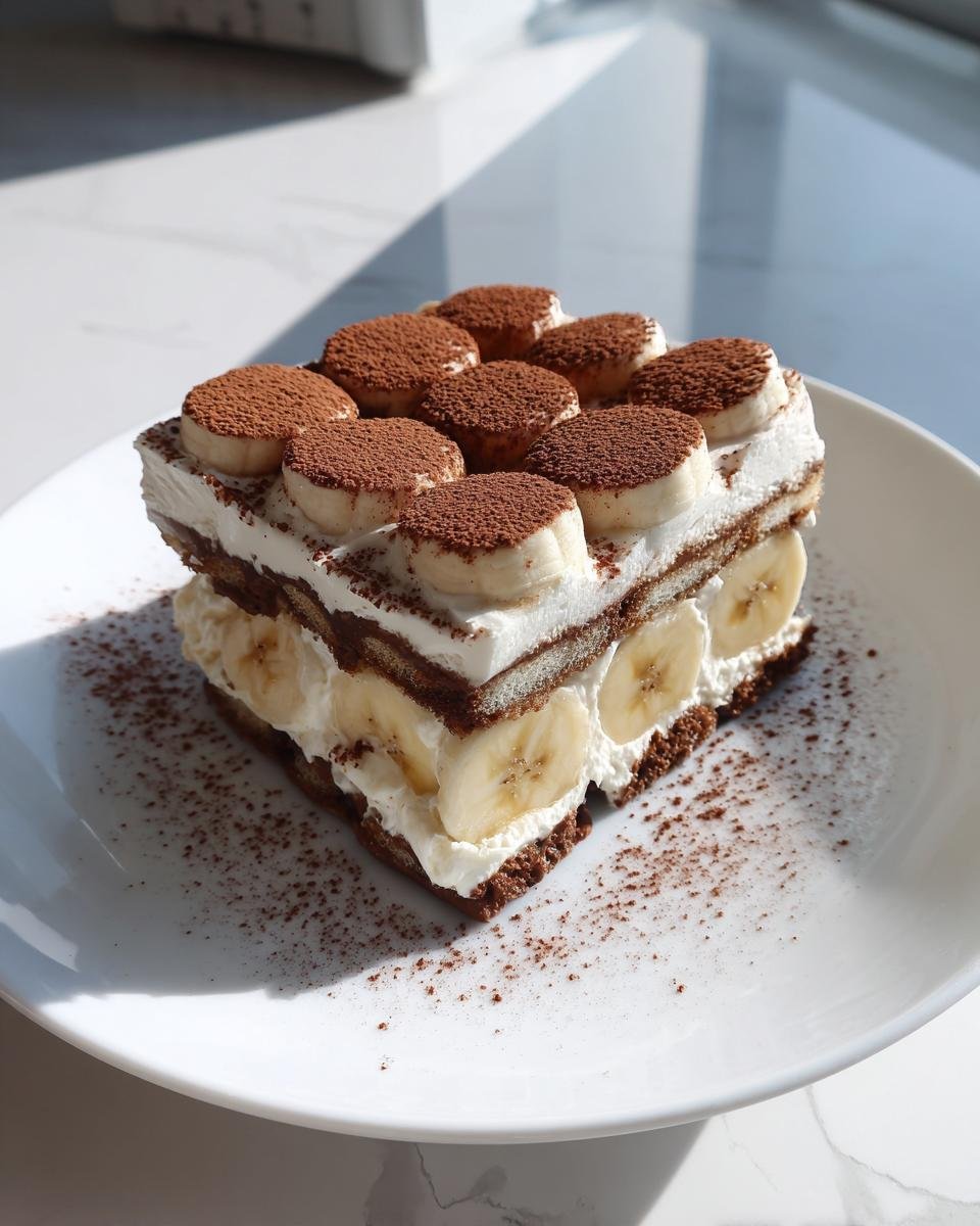 A square slice of layered Banana Icebox Cake featuring cream, cookies, and banana slices, topped with cocoa powder.