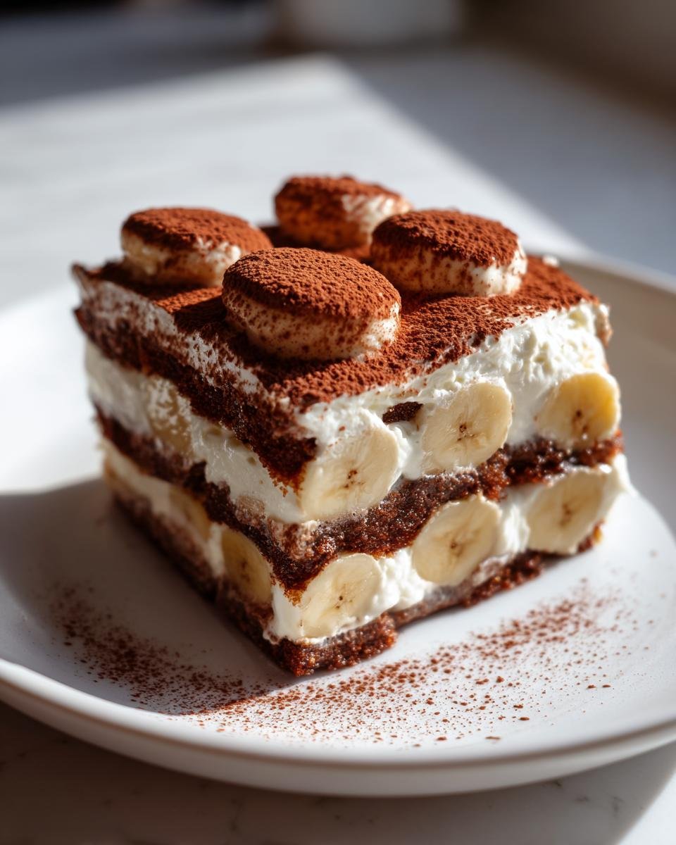 A decadent slice of Banana Icebox Cake layered with cream, bananas, and dusted heavily with cocoa powder.