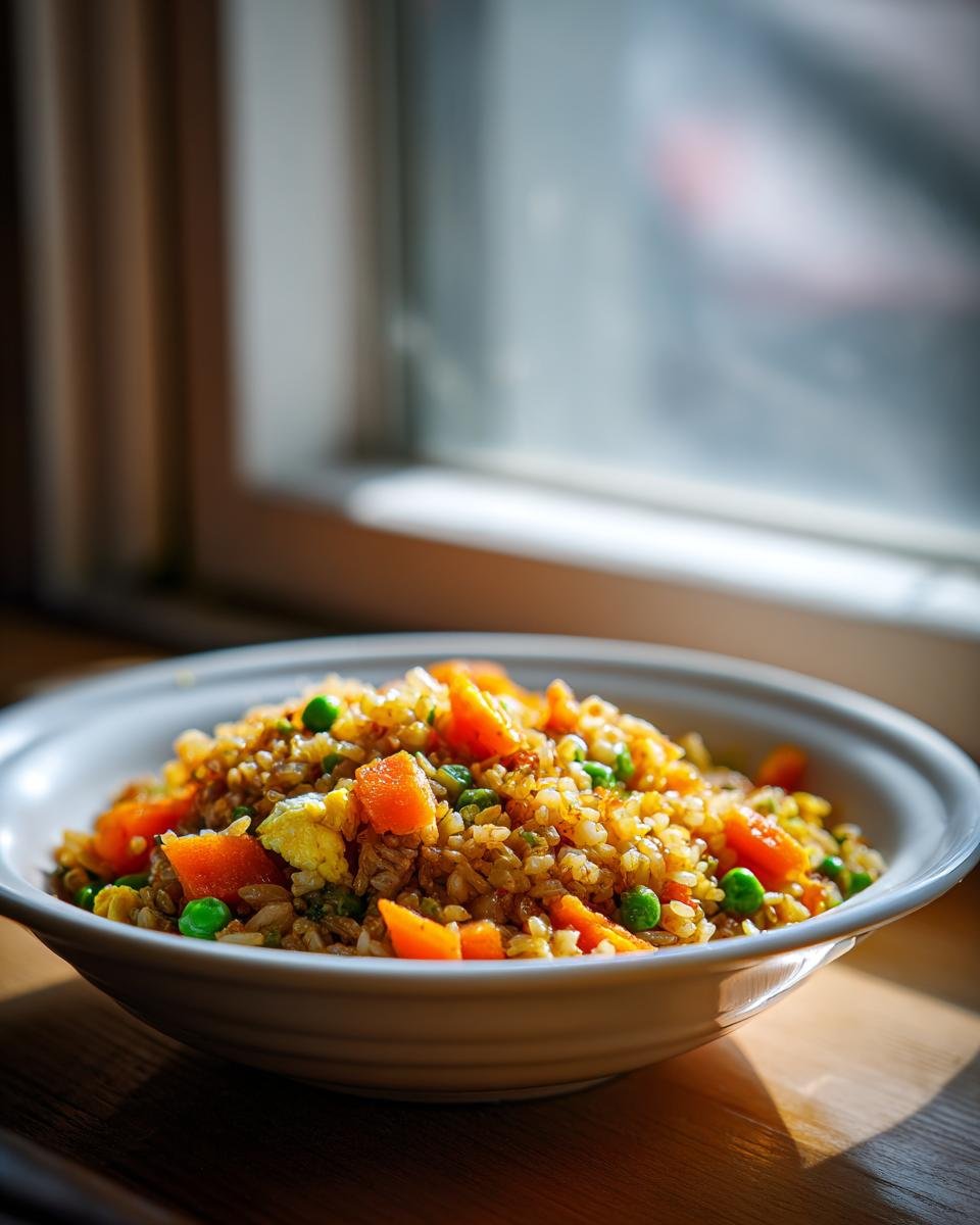 A close-up of a white bowl filled with Amazing Benihana Fried Rice, featuring visible pieces of scrambled egg, bright orange carrots, and green peas.