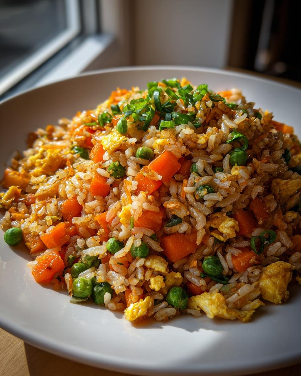 A close-up of a bowl of vibrant Benihana Fried Rice featuring scrambled egg, diced carrots, and green peas, topped with fresh scallions.