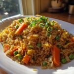 A close-up of homemade Benihana Fried Rice served on a white plate, topped with sliced green onions.