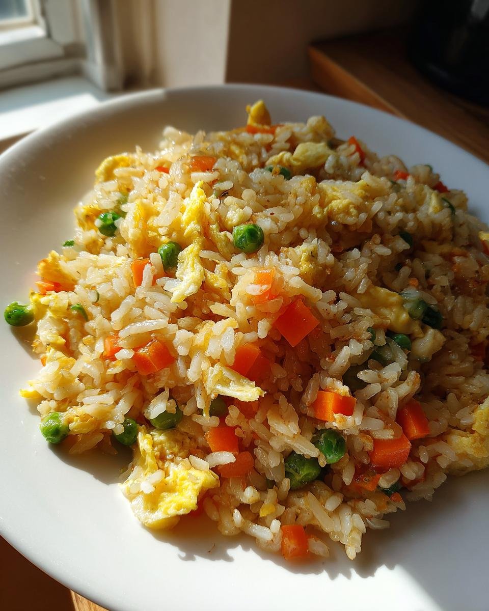 A close-up of a plate piled high with homemade Benihana Fried Rice, featuring visible pieces of scrambled egg, diced carrots, and green peas.