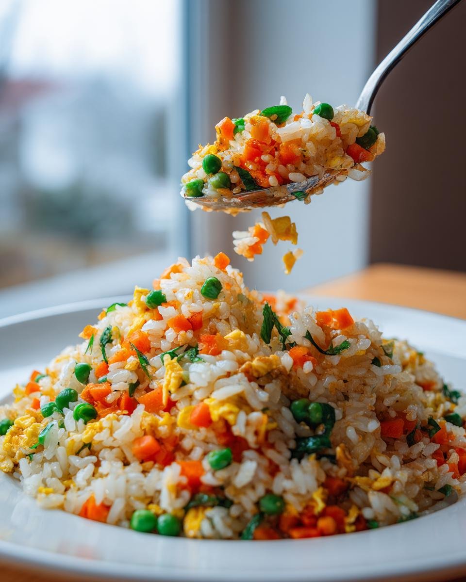 A spoonful of vibrant Benihana Fried Rice, featuring rice, peas, carrots, and egg, being lifted from a large mound on a white plate.