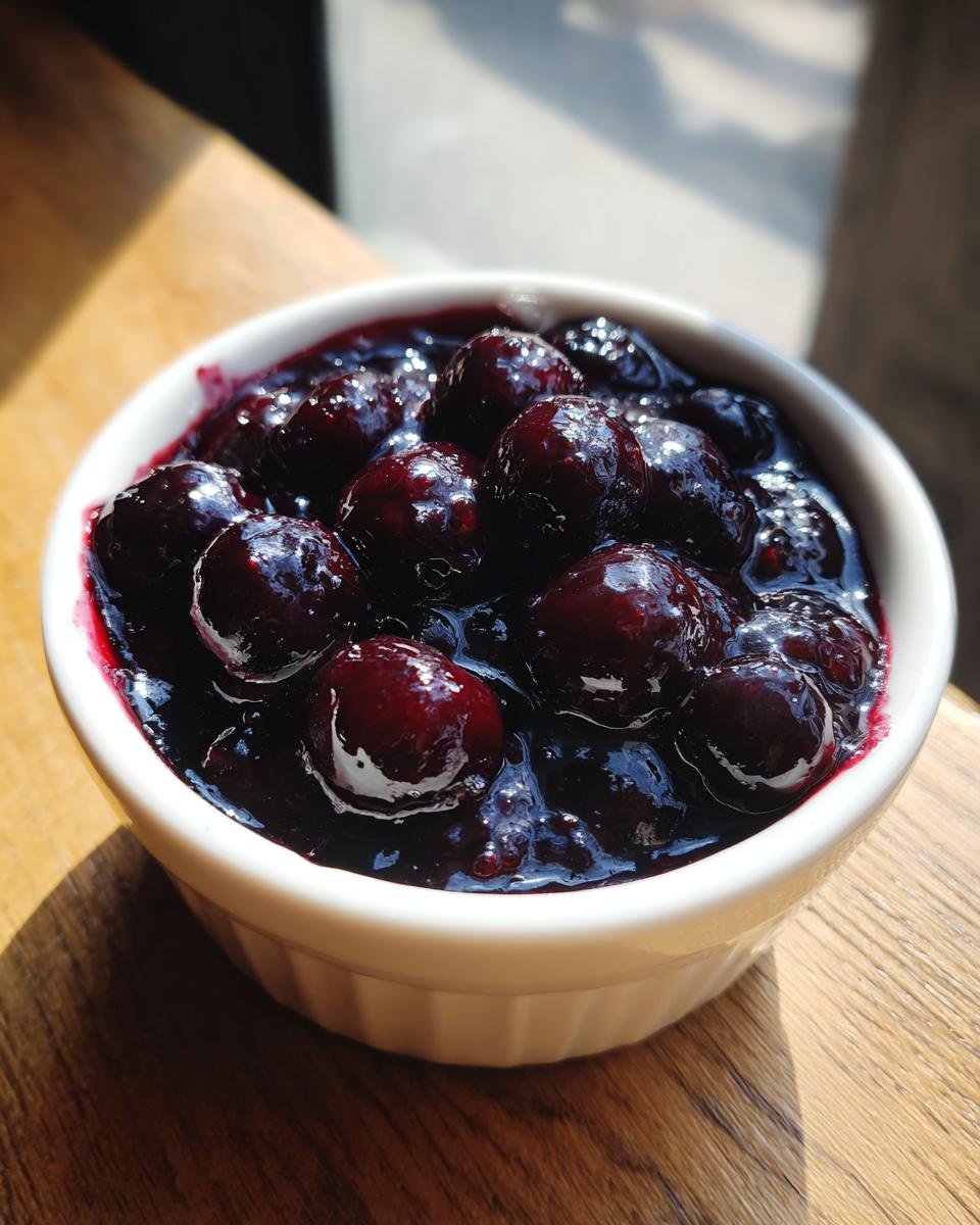 A close-up shot of thick, glossy Blueberry Compote featuring whole, plump berries in a small white ramekin.