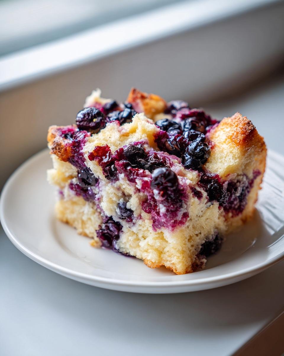 A square slice of moist Blueberry French Toast Casserole topped with baked blueberries, served on a white plate.