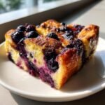 A golden slice of Blueberry French Toast Casserole, rich with baked blueberries, served on a white plate.