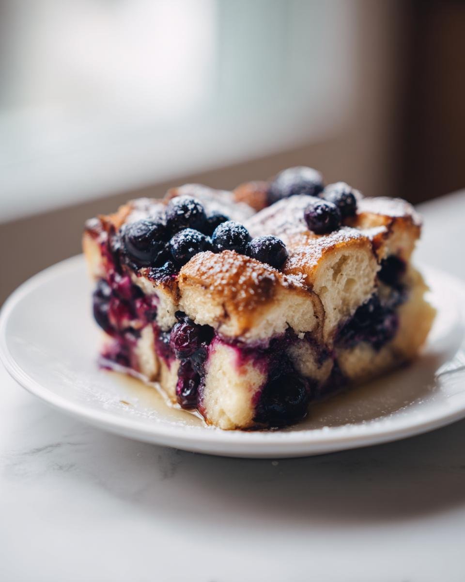 A thick slice of Blueberry French Toast Casserole topped with fresh blueberries and powdered sugar on a white plate.
