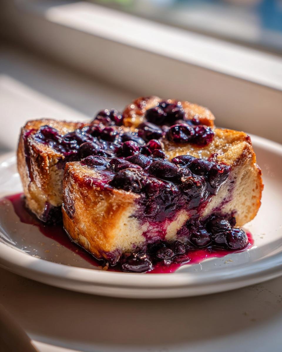 Two slices of golden-brown Blueberry French Toast Casserole topped generously with warm blueberry sauce.