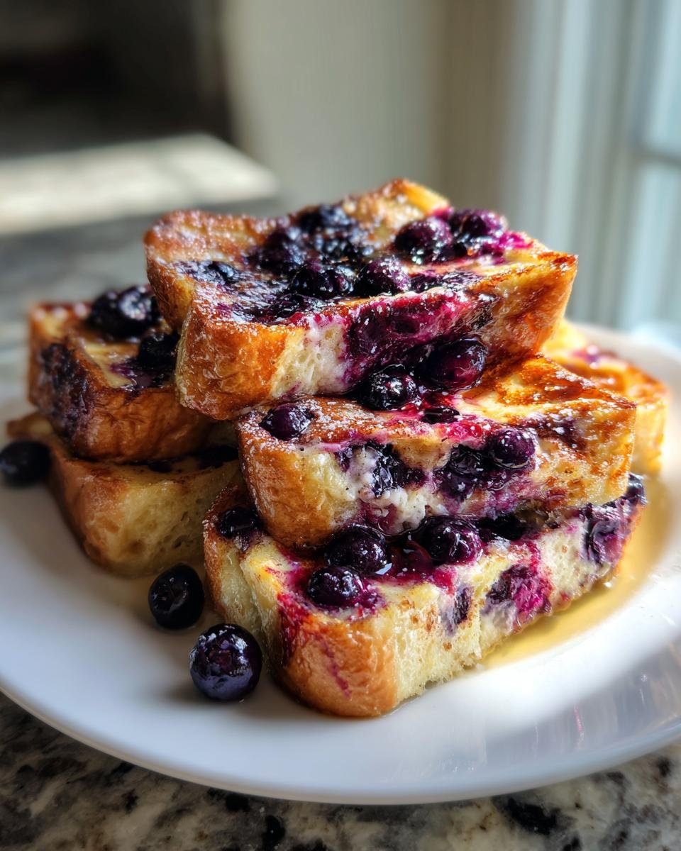 Close-up of stacked slices of rich Blueberry French Toast Casserole topped with syrup and fresh blueberries.