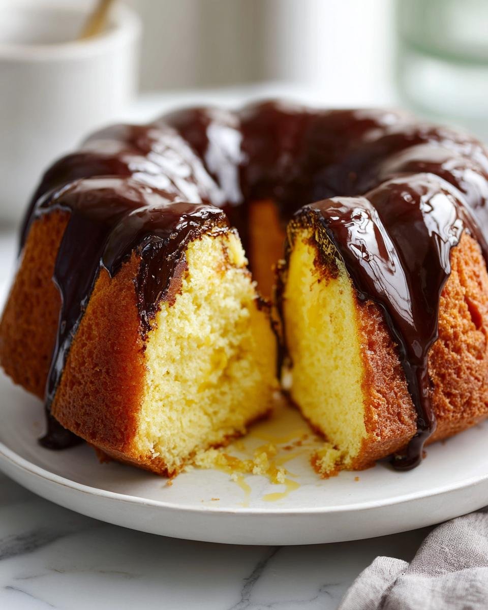 A rich Boston Cream Pie Poke Cake, baked in a bundt pan, generously drizzled with dark chocolate ganache.