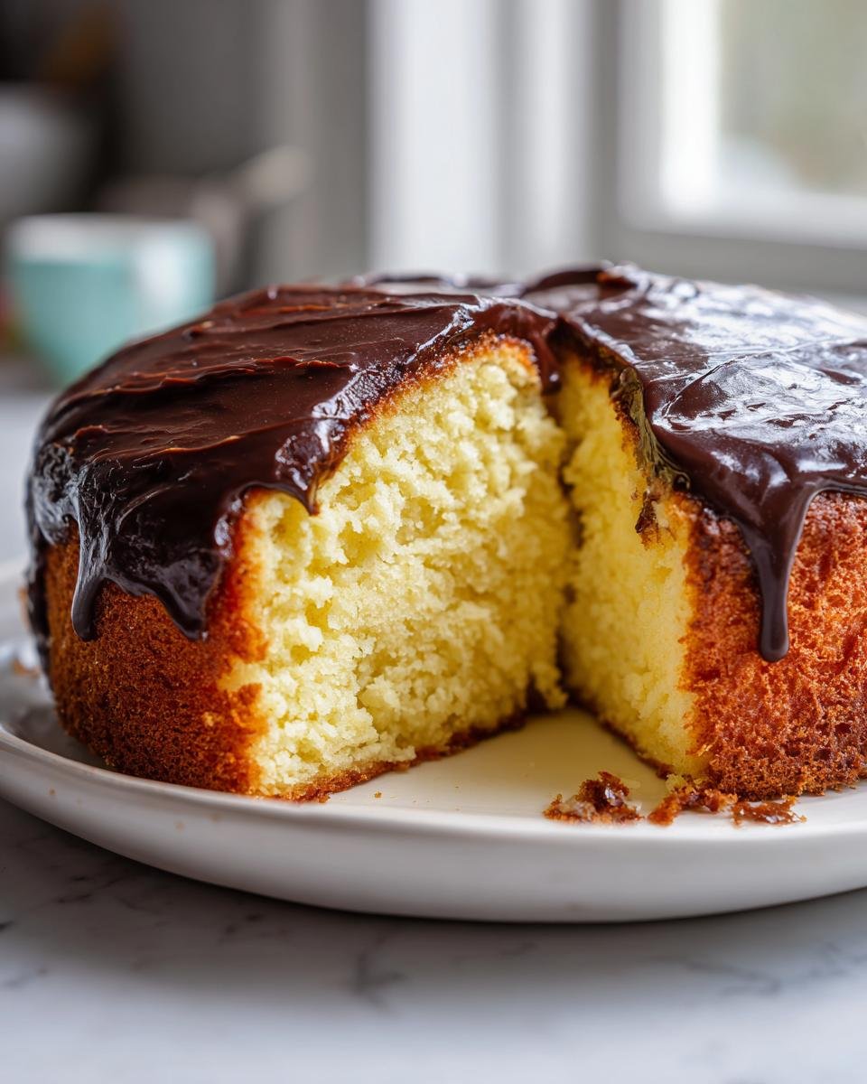 A round Boston Cream Pie Poke Cake with a slice removed, showing the moist yellow cake and rich chocolate ganache topping.