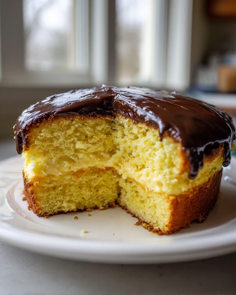 Cross-section of a moist Boston Cream Pie Poke Cake showing yellow cake, vanilla filling, and rich chocolate ganache topping.