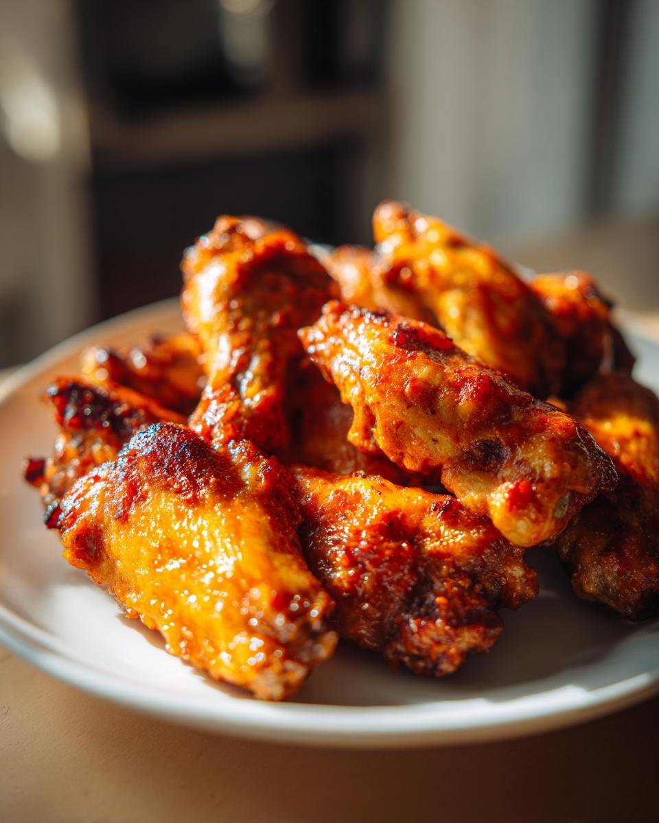 Close-up of crispy, saucy Buffalo Chicken Wings piled high on a white plate, glistening under natural light.