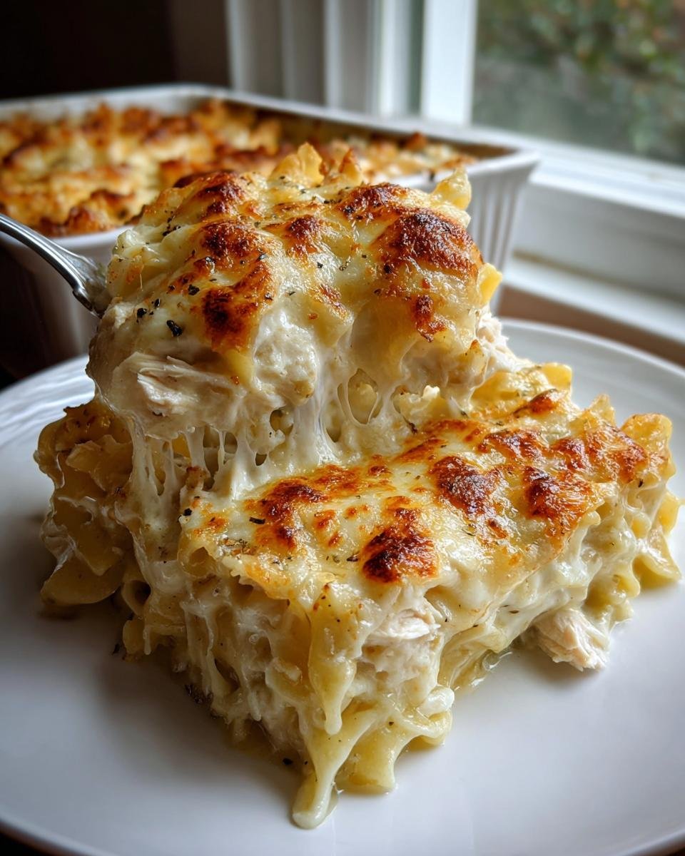 A cheesy, gooey serving of Chicken Alfredo Casserole being lifted with a fork, showing melted cheese and chicken.