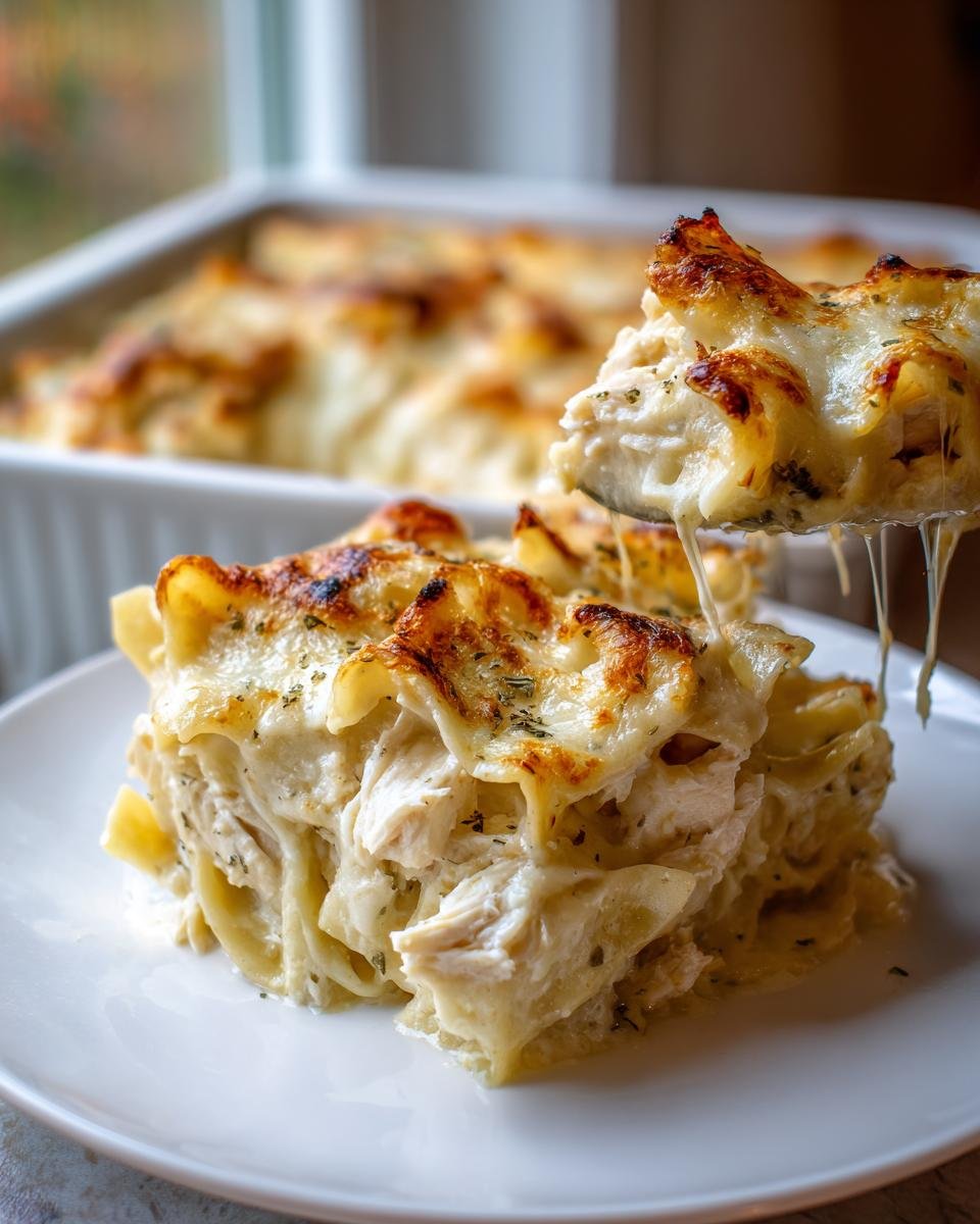 A serving spoon lifts a cheesy, saucy piece of Chicken Alfredo Casserole, showing melted cheese strings.