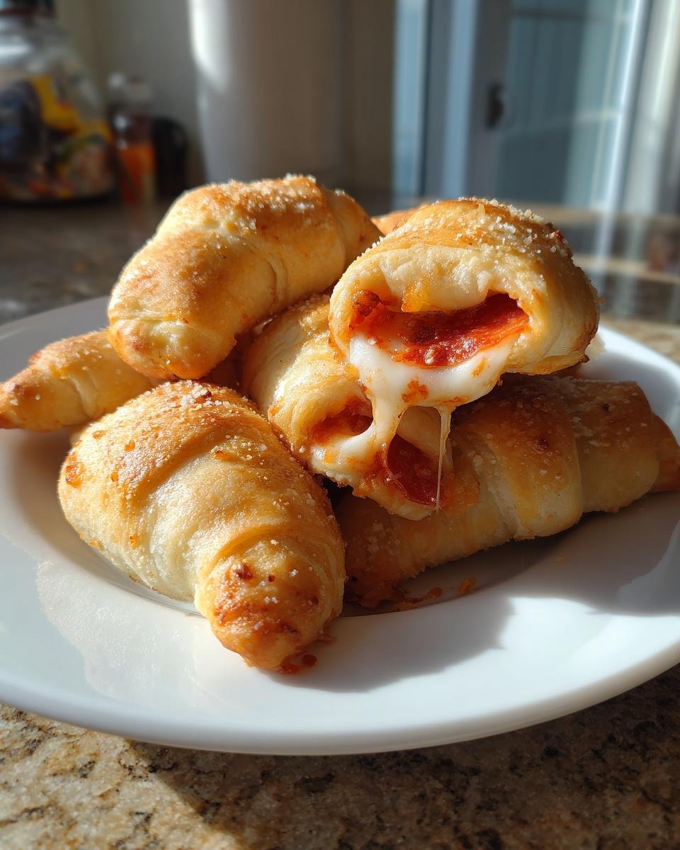 A pile of golden-brown pepperoni pizza appetizers with melted, stringy cheese oozing out of one roll.