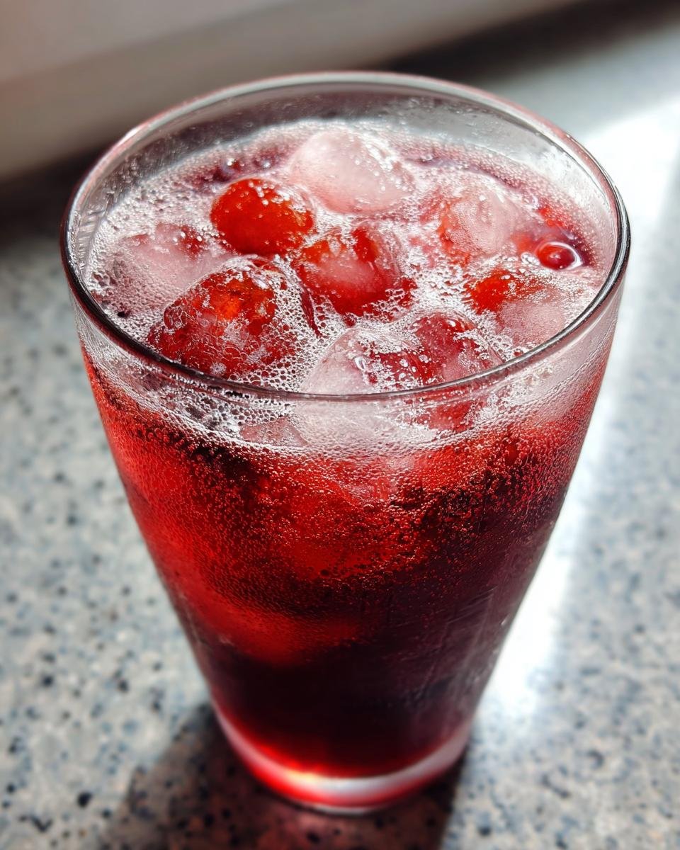 Close-up of a tall, cold glass filled with bubbly, deep red Cherry Vanilla Fizz, ice cubes, and whole cherries.
