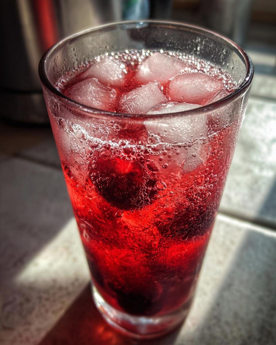 Close-up of a tall glass filled with bright red Cherry Vanilla Fizz, ice cubes, and whole cherries, showing carbonation bubbles.