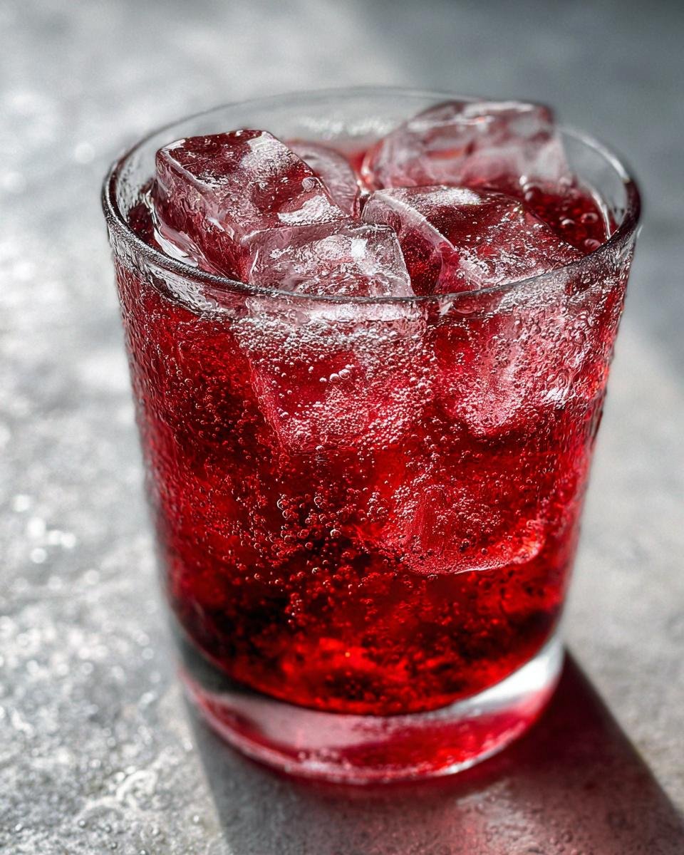 Close-up of a glass filled with vibrant red Cherry Vanilla Fizz, showing condensation and large ice cubes.