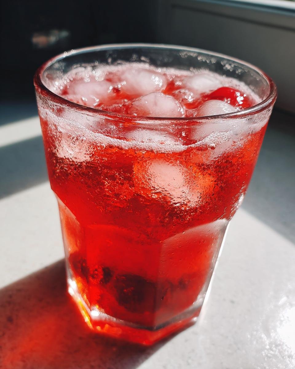 A close-up of a vibrant red Cherry Vanilla Fizz drink filled with ice cubes, glistening in bright sunlight.