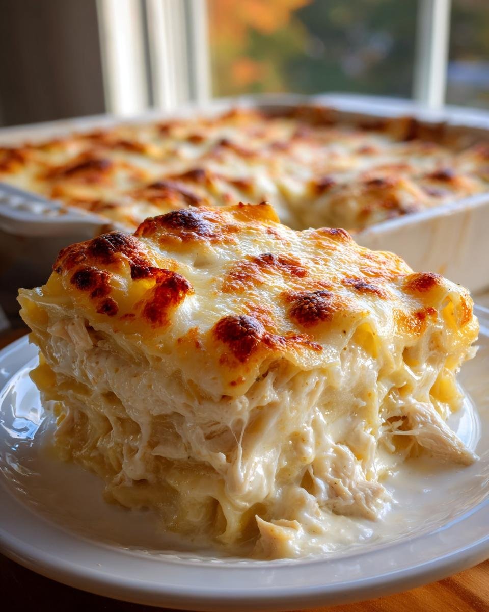 A generous slice of creamy Chicken Alfredo Casserole with a browned, bubbly cheese top on a white plate.