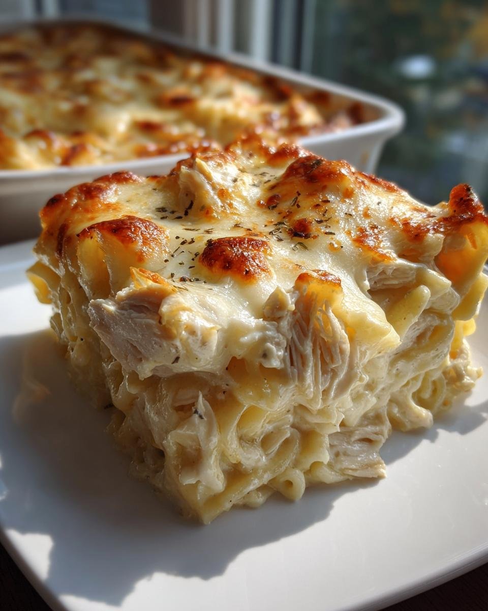 A thick, square serving of baked Chicken Alfredo Casserole with shredded chicken and a bubbly, browned cheese topping.