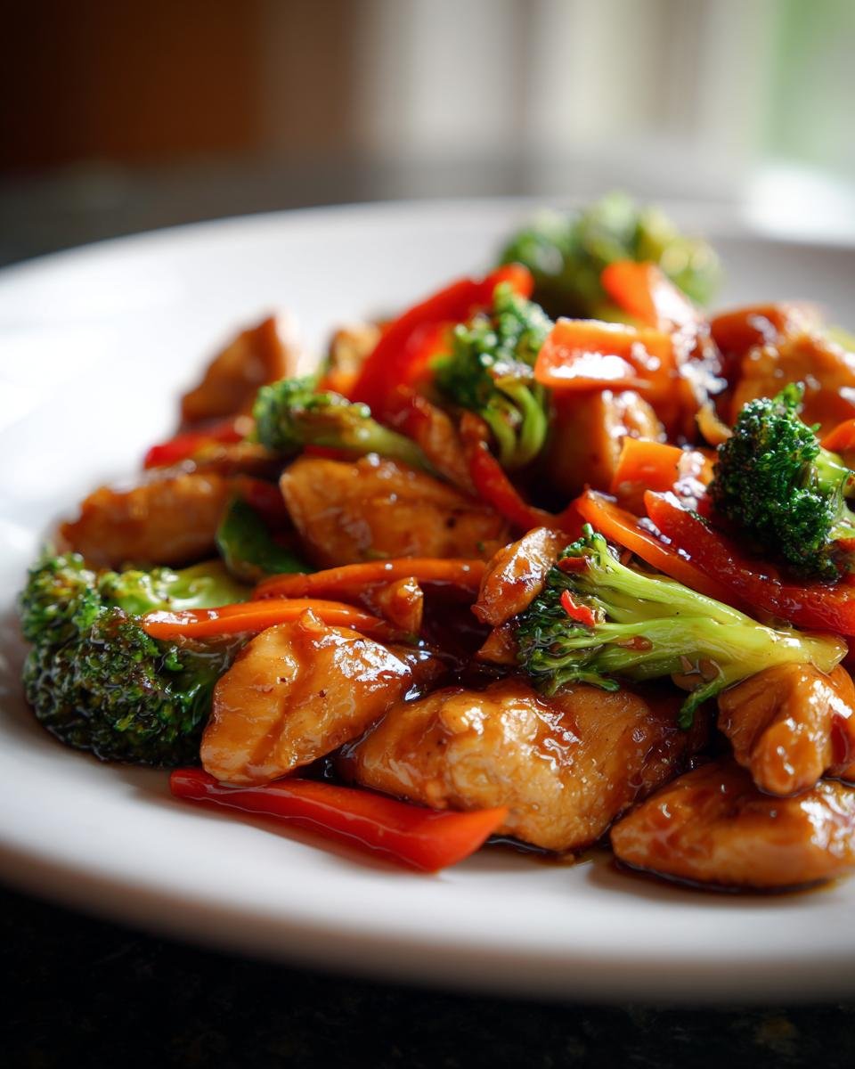 Close-up of glossy chicken stir-fry with broccoli, red peppers, and carrots, perfect for Easy Meal Prep Recipes.