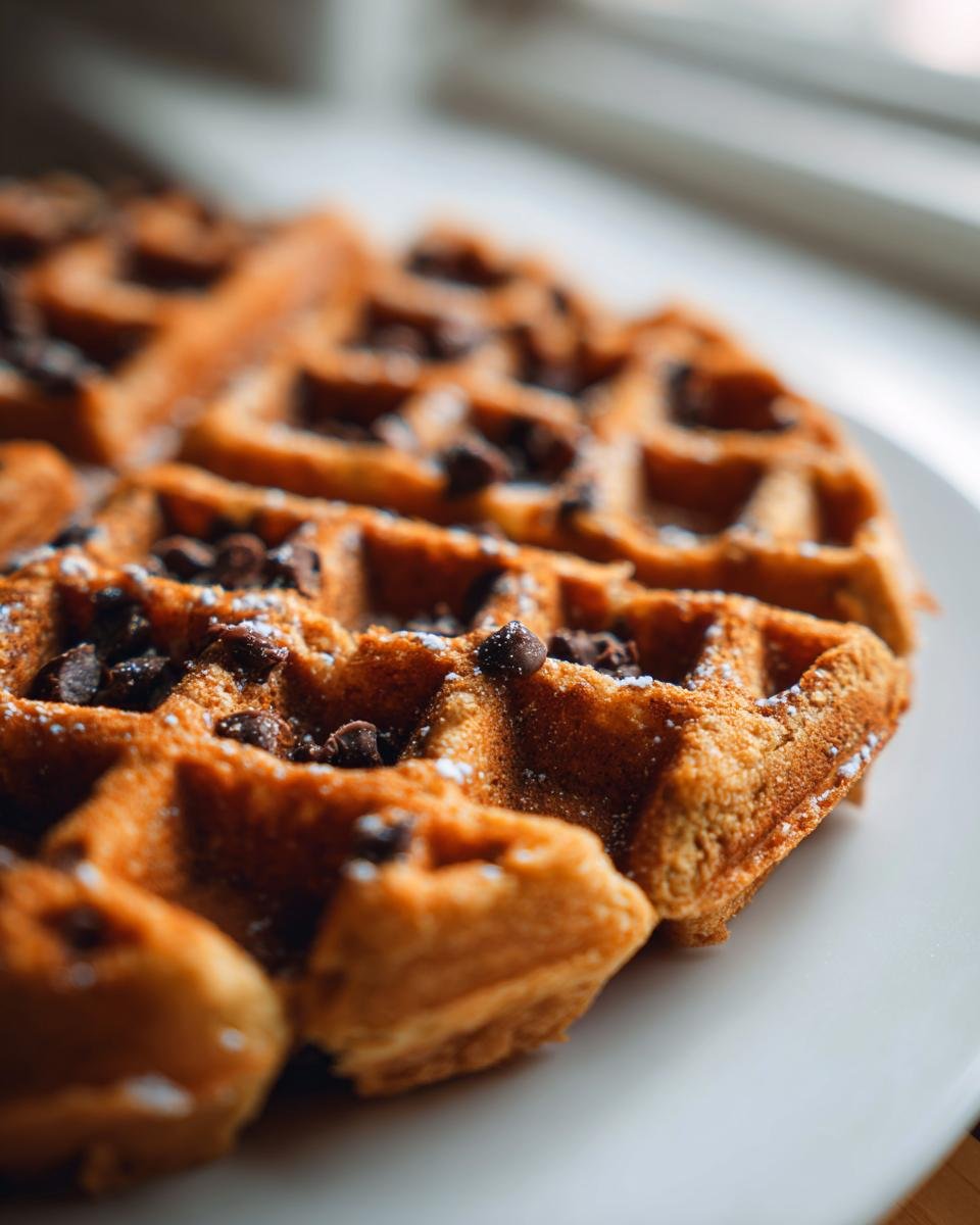 Close-up of a golden brown Chocolate Chip Waffles dusted lightly with powdered sugar on a white plate.