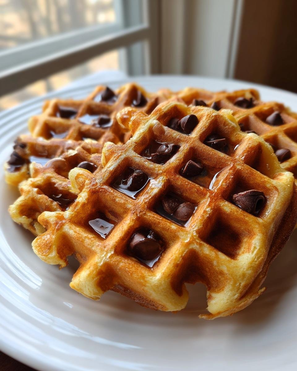 Close-up of several golden brown Chocolate Chip Waffles drizzled with syrup and filled with melted chocolate chips.