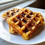 Close-up of golden brown Chocolate Chip Waffles stacked on a white plate near a window.