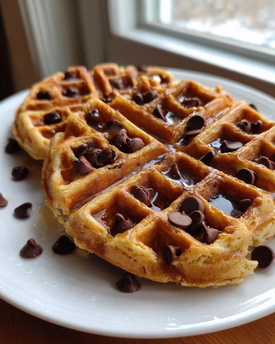 Two golden brown Chocolate Chip Waffles topped with melted chocolate chips and syrup on a white plate.