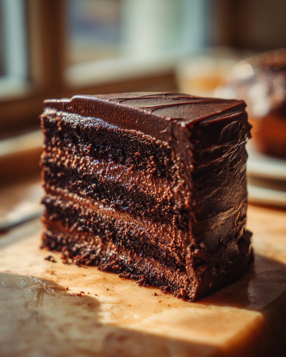 A decadent, multi-layered slice of chocolate Holy Cow Cake covered in thick frosting