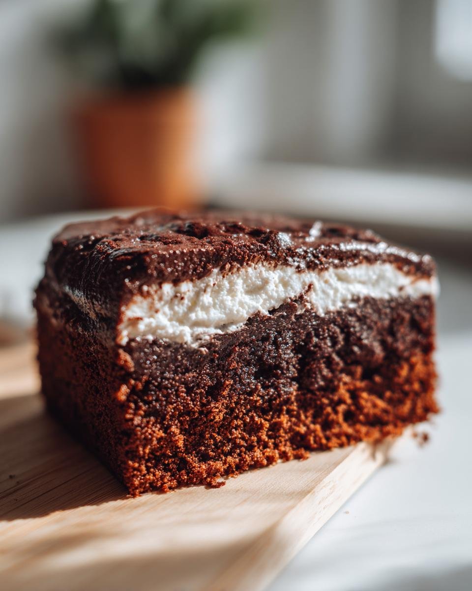Close-up of a rich, moist slice of Chocolate Poke Cake showing the dark cake layers and white filling.