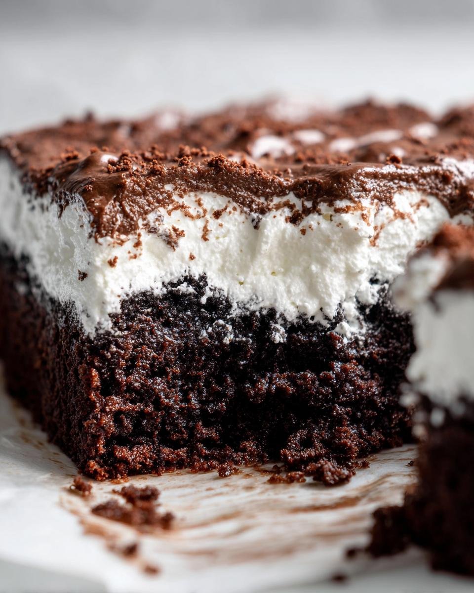 Close-up of a rich, dark slice of Chocolate Poke Cake showing the moist cake layer, white filling, and chocolate topping.