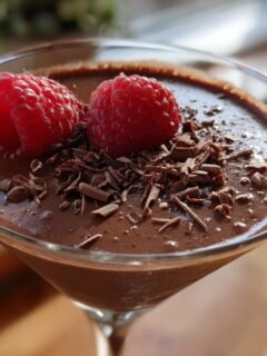 Close-up of a creamy Chocolate Raspberry Martini topped with two fresh raspberries and chocolate shavings.
