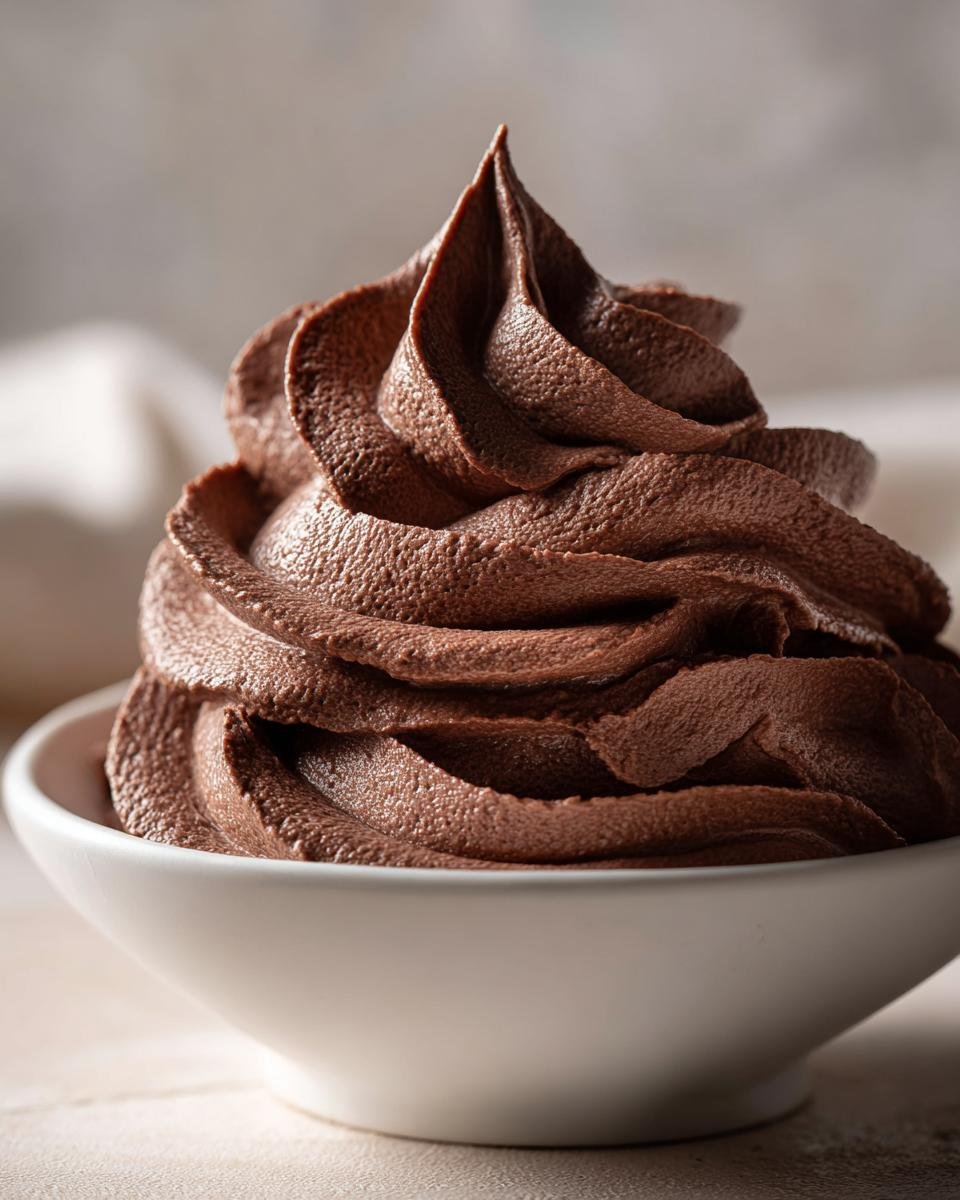 A close-up of richly piped, dark brown Chocolate Whipped Cream filling a small white bowl.
