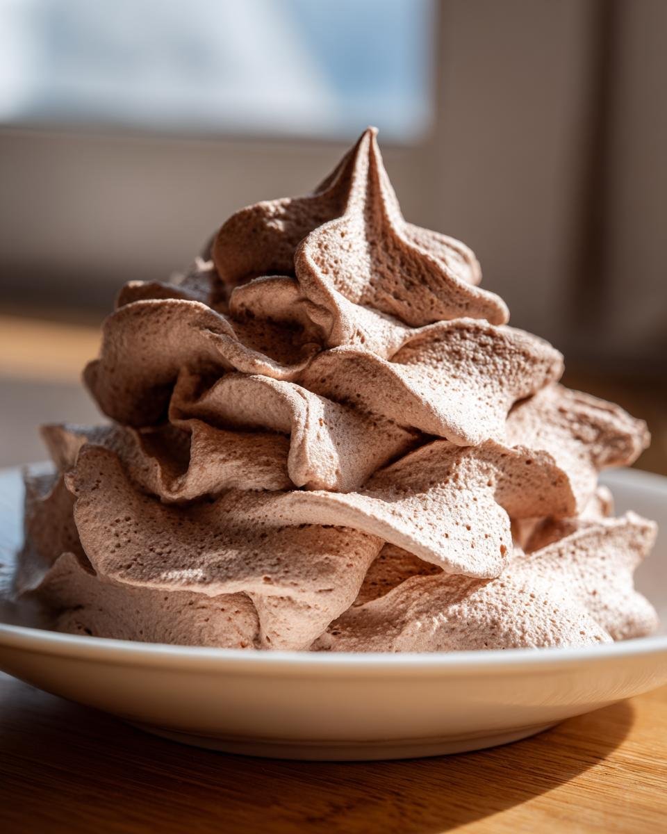 A tall, perfectly piped mound of light brown Chocolate Whipped Cream served in a white bowl.