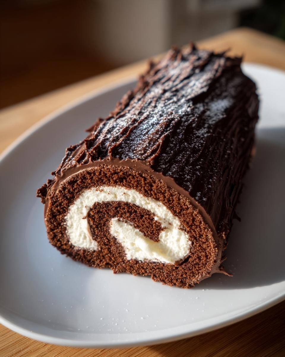 Close-up of a chocolate Yule log cake slice showing the dark chocolate frosting and white cream swirl, a classic French Christmas Desserts.