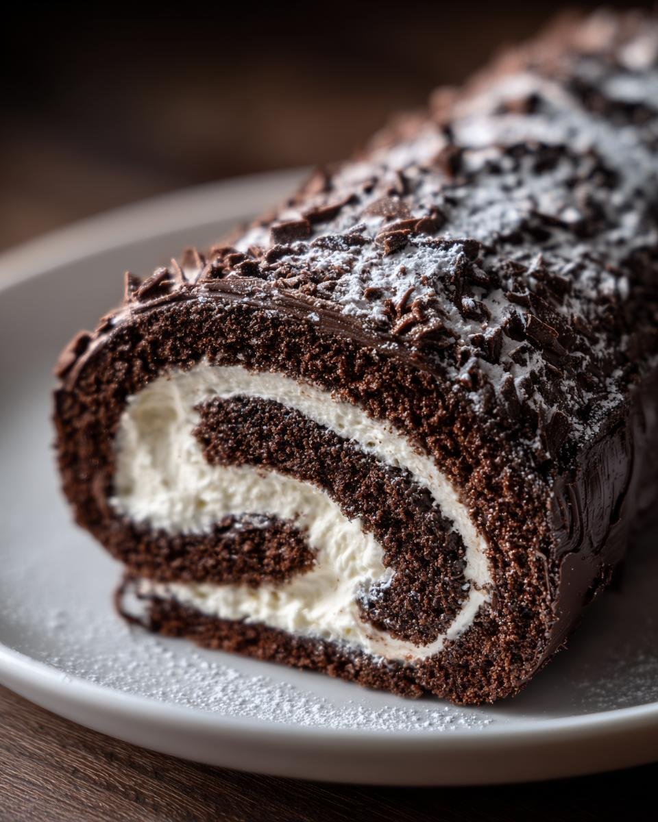 Close-up of a rich chocolate Yule Log, a classic French Christmas Desserts item, dusted with powdered sugar.