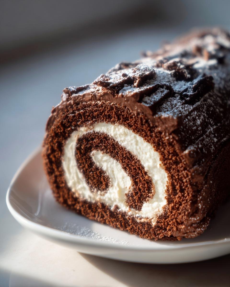 Close-up of a rich chocolate Yule Log (B&ucirc;che de No&euml;l) showing the swirl of chocolate cake and white cream filling, dusted with powdered sugar.