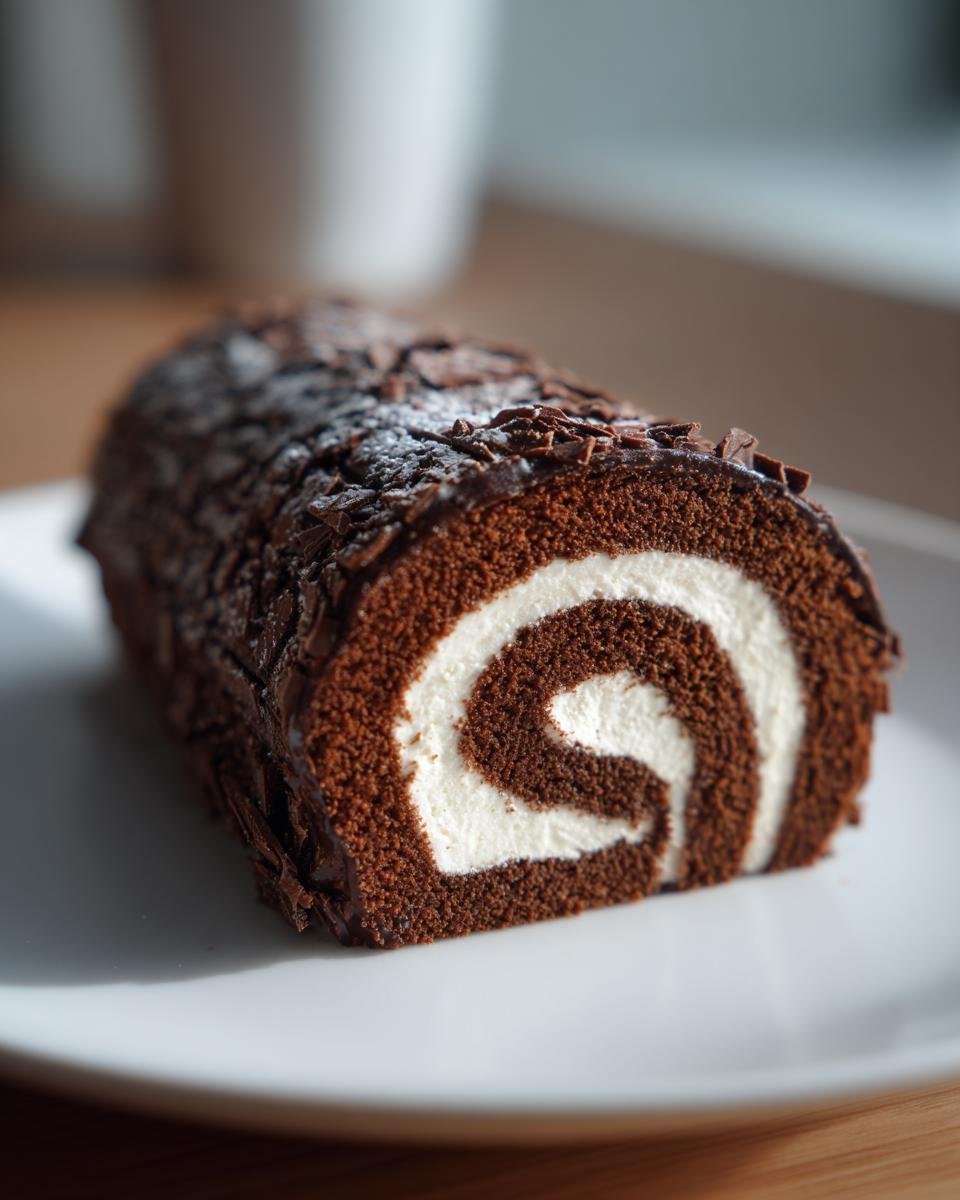 Cross-section of a chocolate Yule Log cake showing a perfect swirl of dark sponge and white cream filling, a classic French Christmas Desserts.